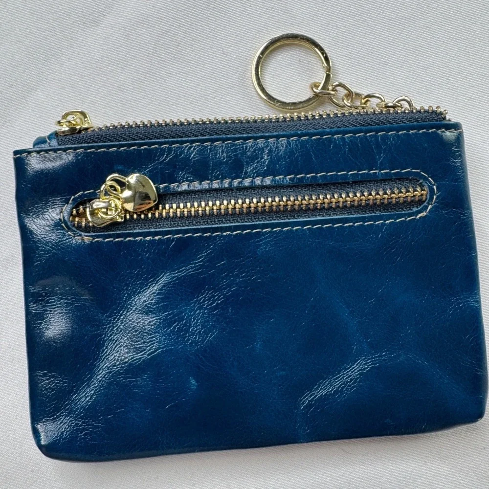 Brighton Blue Glazed Leather Coin Purse Card Holder‎ Key Ring Heart Zipper Pulls